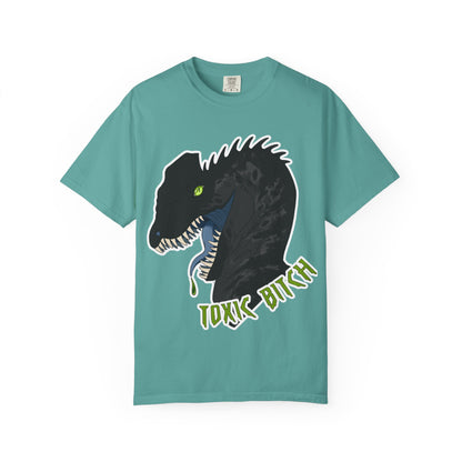 Toxic Bitch Dilophosaur T-Shirt | Black Dinosaur Head Graphic, Neon Green Eye Tee Shirt