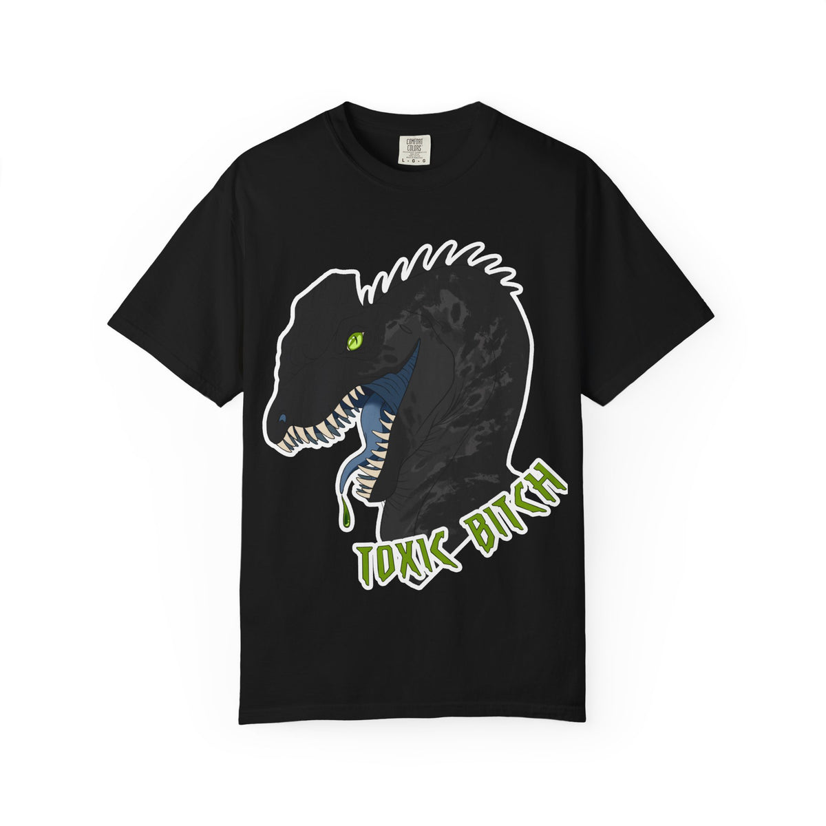 Toxic Bitch Dilophosaur T-Shirt | Black Dinosaur Head Graphic, Neon Green Eye Tee Shirt