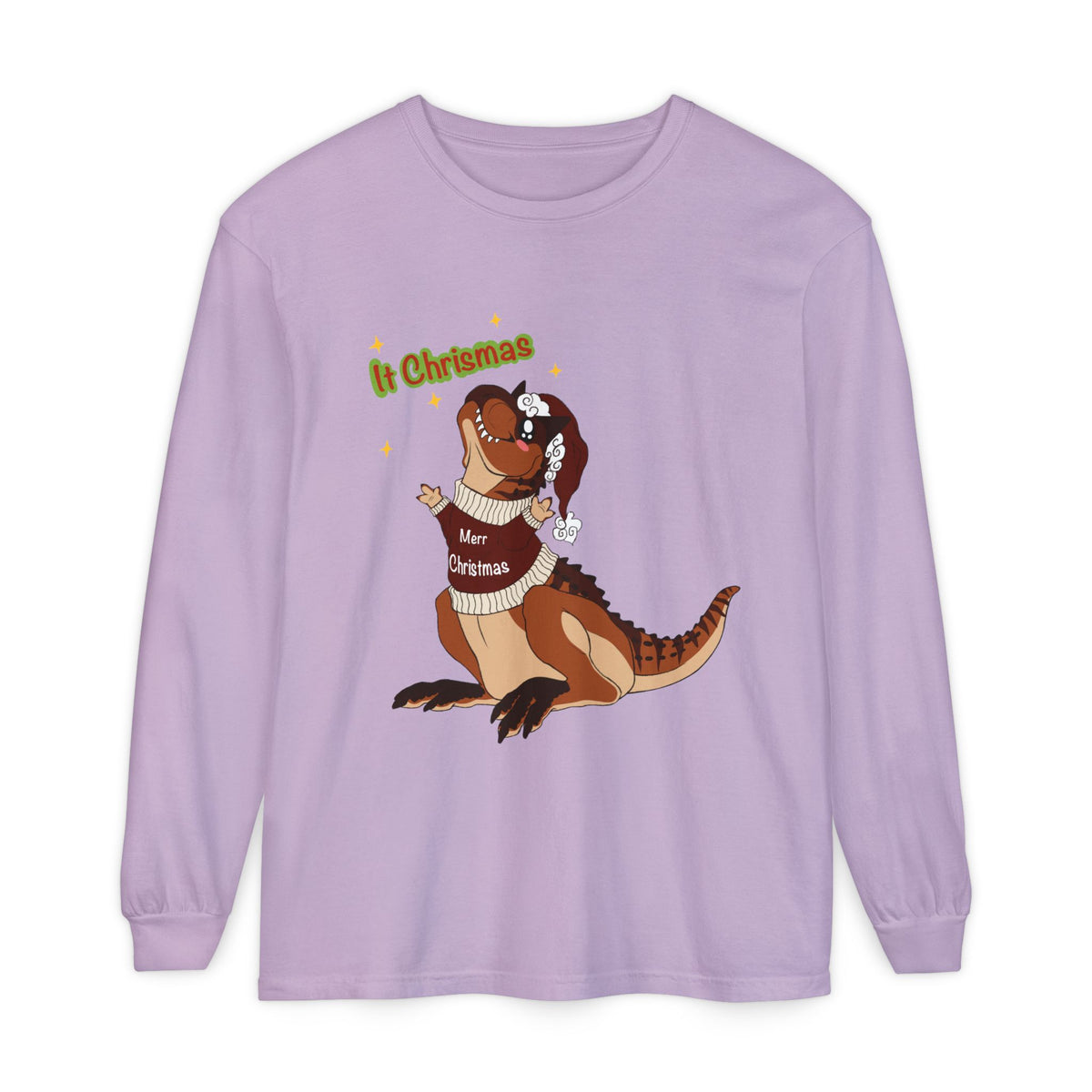 Carnotaurus Wearing Santa Hat Christmas Long Sleeve T-Shirt | Dino Holiday Tee | Dinosaur Christmas Shirt | Dinos Lover Christmas Gift