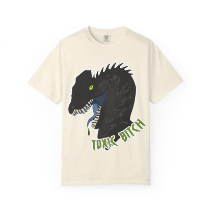 Toxic Bitch Dilophosaur T-Shirt | Black Dinosaur Head Graphic, Neon Green Eye Tee Shirt