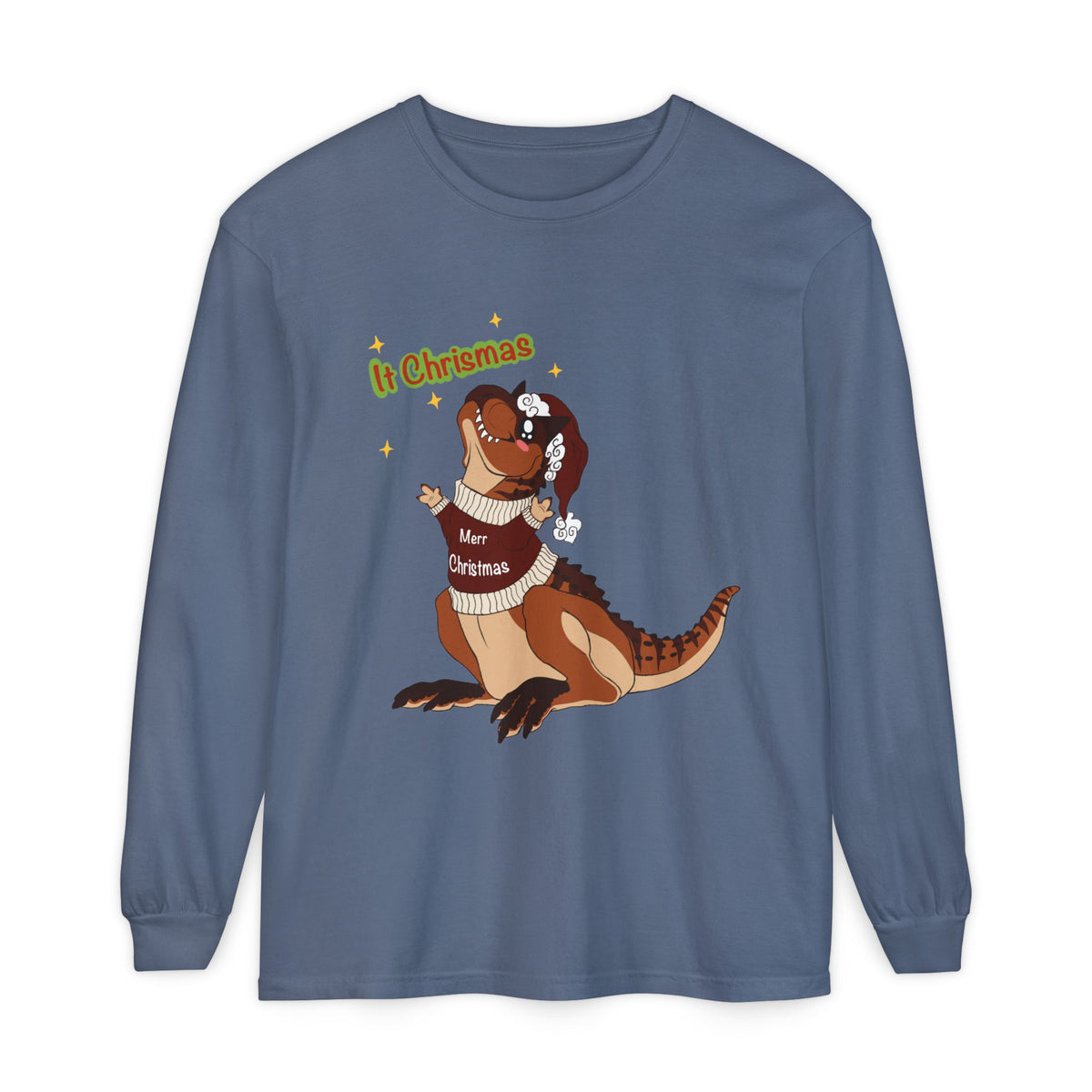 Carnotaurus Wearing Santa Hat Christmas Long Sleeve T-Shirt | Dino Holiday Tee | Dinosaur Christmas Shirt | Dinos Lover Christmas Gift