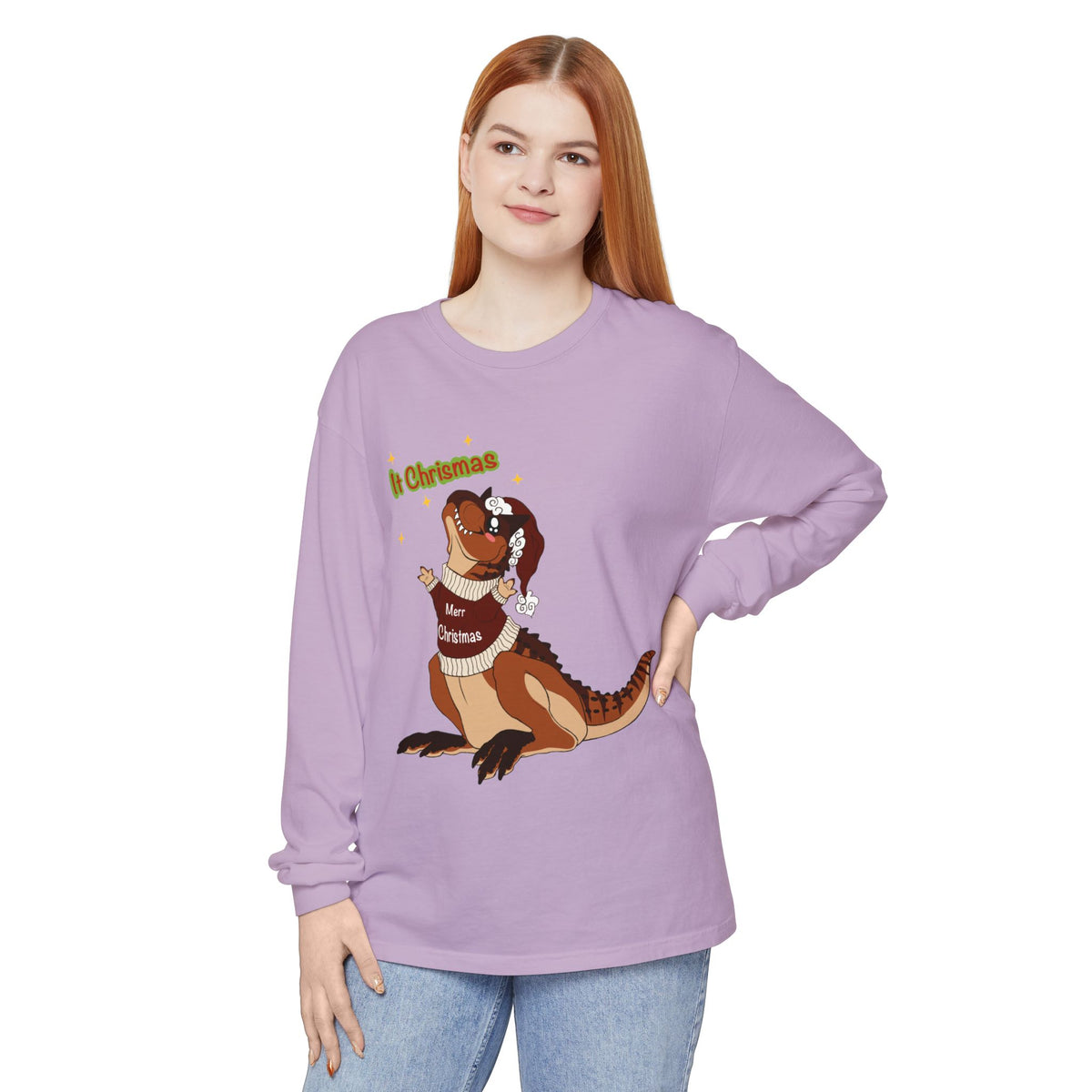 Carnotaurus Wearing Santa Hat Christmas Long Sleeve T-Shirt | Dino Holiday Tee | Dinosaur Christmas Shirt | Dinos Lover Christmas Gift